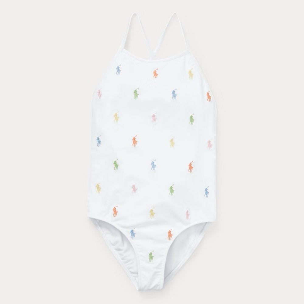 Polo Ralph Lauren Girls White One-Piece Swimsuit with Multicolor Pony Embroidery